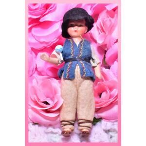 4” Hertwig German Miniature Doll Painted Bisque Antique Boy Felt Polish Poland